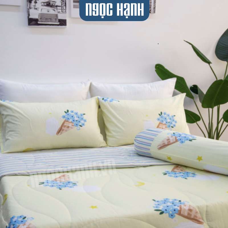  BỘ DRAP GIƯỜNG COTTON CM VÀNG NHẠT BÔNG KEM - NGỌC HẠNH BEDDING 