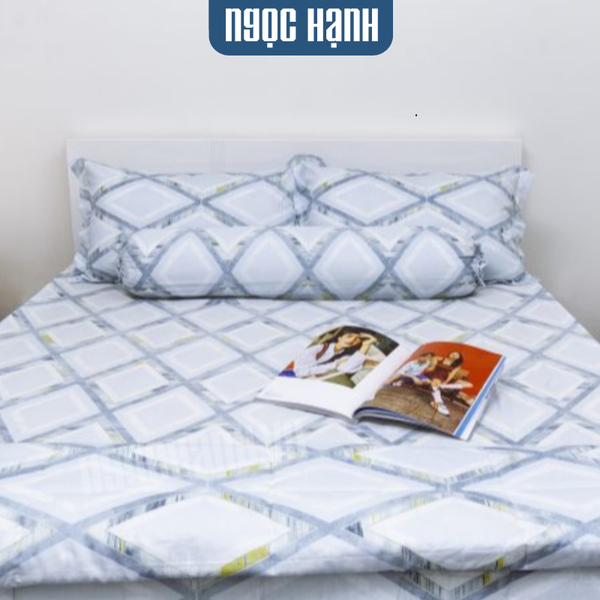 Bộ drap giường tencel lụa Hoạ Tiết Lục Giác Xanh