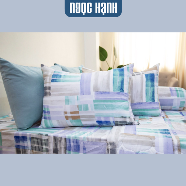 Bộ Chăn ga Microfiber Gạch Xanh Tím - Ngọc Hạnh Bedding