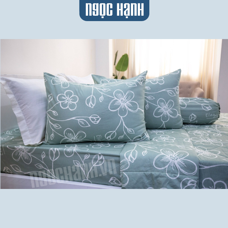  BỘ DRAP GIƯỜNG COTTON HOẠ TIẾT HOA XANH MINT - NGỌC HẠNH BEDDING 
