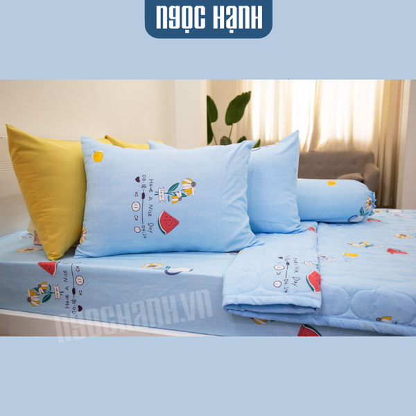 Bộ Drap Giường Microfiber Xanh Dương Hoạ Tiết - Ngọc Hạnh Bedding