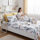  BỘ DRAP GIƯỜNG COTTON CM TRẮNG LÁ CỎ  nệm 5cm 10cm 15cm - NGỌC HẠNH BEDDING 
