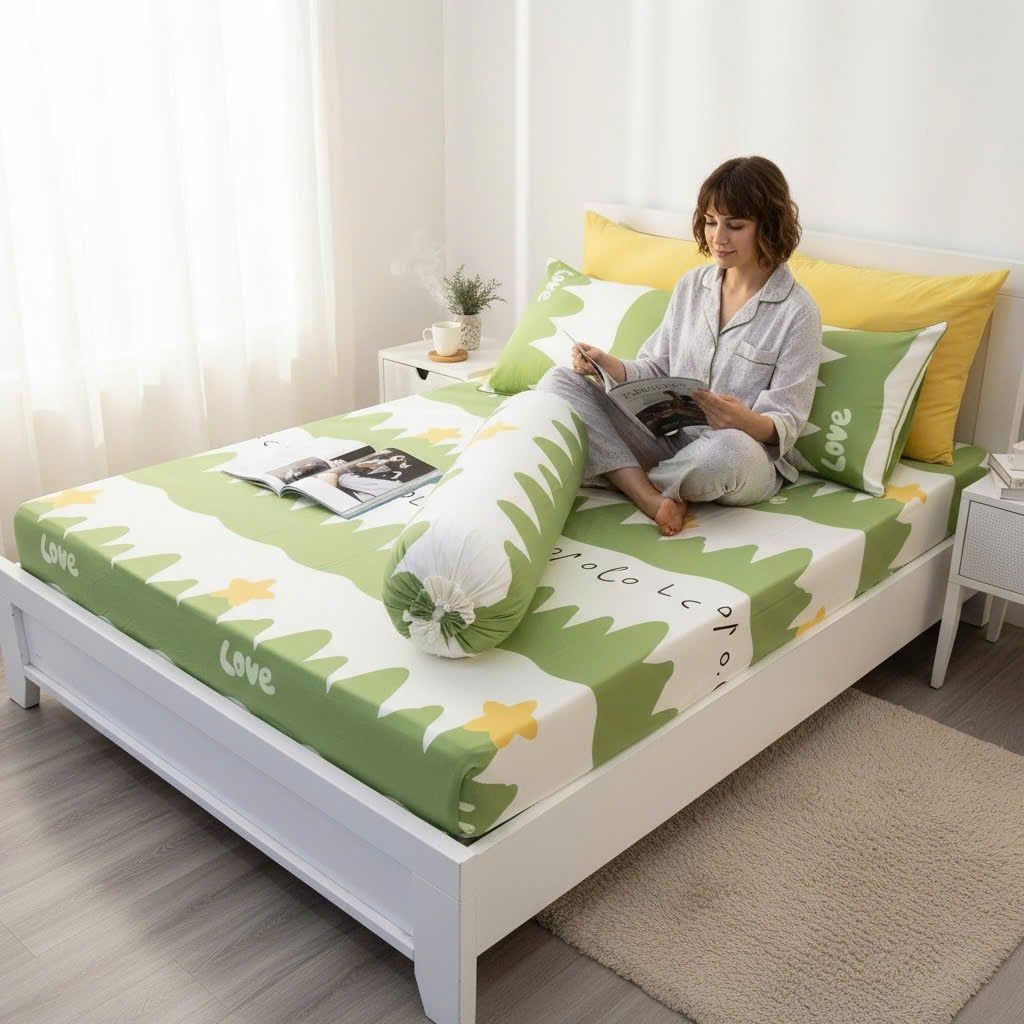  BỘ CHĂN GA GỐI COTTON HỌA TIẾT KHỦNG LONG XANH nệm 5cm 10cm 15cm - NGỌC HẠNH BEDDING 