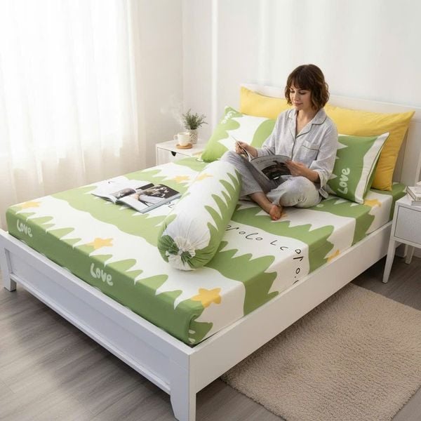  BỘ CHĂN GA GỐI COTTON HỌA TIẾT KHỦNG LONG XANH nệm 5cm 10cm 15cm - NGỌC HẠNH BEDDING 