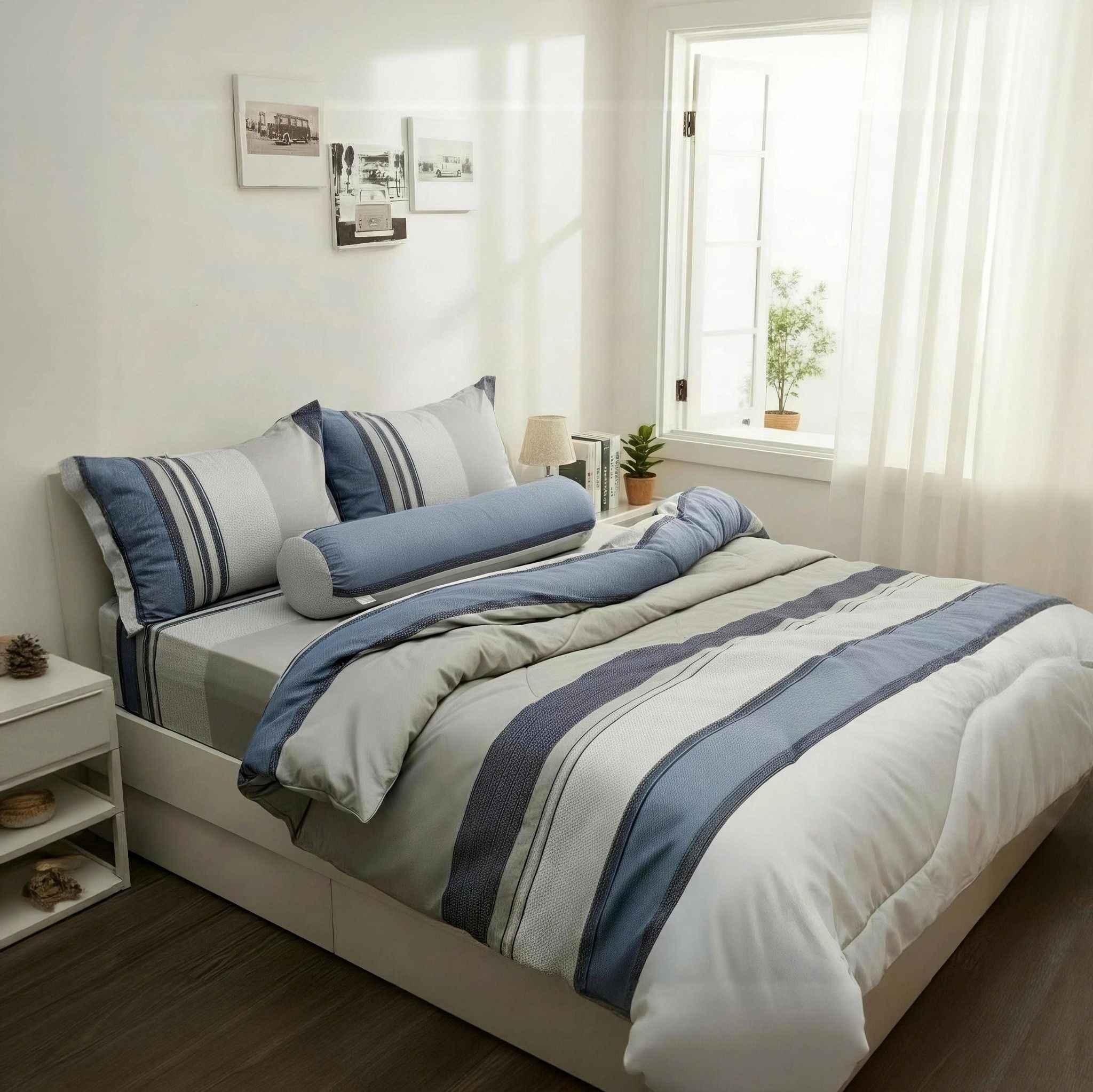  Bộ Chăn Ga Gối Lụa Tencel 40s SLeep Cool mát lạnh, mềm mịn nệm 5 10 15 20cm họa tiết SỌC TRẮNG SỌC XANH - Ngọc Hạnh Bedding 