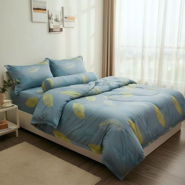  Bộ Chăn Ga Gối Lụa Tencel 40s SLeep Cool mát lạnh, mềm mịn nệm 5 10 15 20cm họa tiết LÁ VÀNG NỀN XANH - Ngọc Hạnh Bedding 