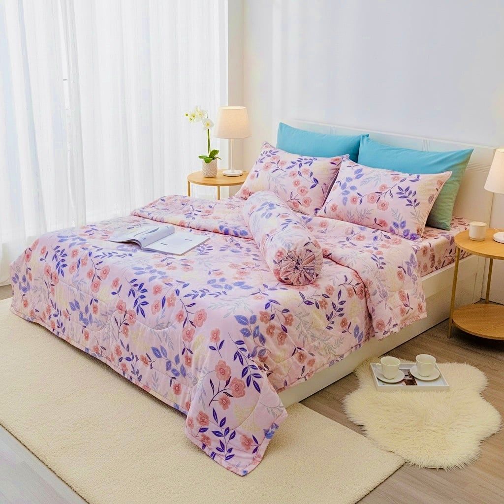  BỘ DRAP GIƯỜNG COTTON CM HỒNG HOA NHÍ  nệm 5cm 10cm 15cm - NGỌC HẠNH BEDDING 