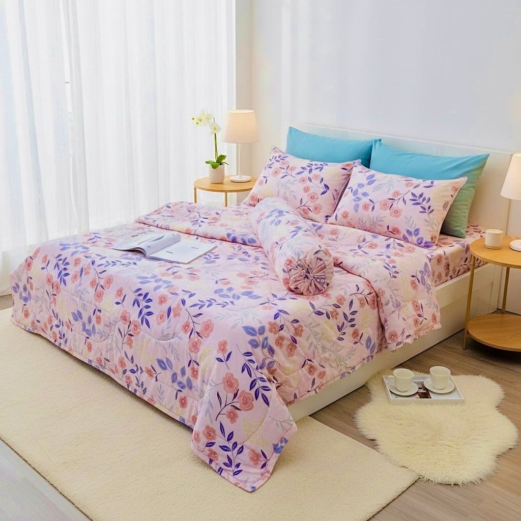  BỘ DRAP GIƯỜNG COTTON CM HỒNG HOA NHÍ  nệm 5cm 10cm 15cm - NGỌC HẠNH BEDDING 