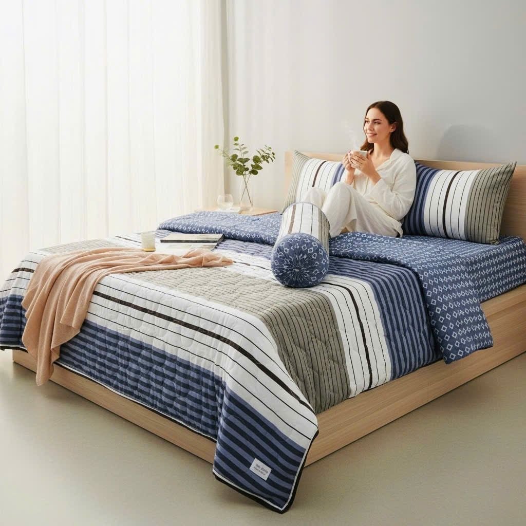  BỘ CHĂN GA GỐI COTTON HỌA TIẾT SỌC XANH DƯƠNG nệm 5cm 10cm 15cm - NGỌC HẠNH BEDDING 