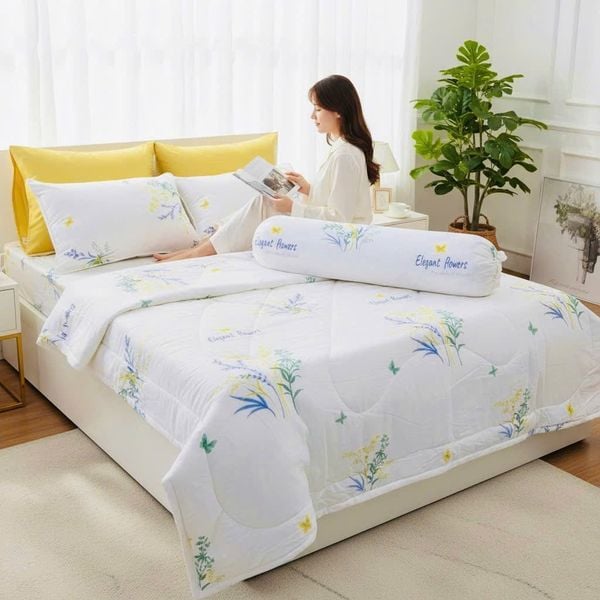 BỘ CHĂN GA GỐI COTTON HỌA TIẾT BÔNG NỀN TRẮNG nệm 5cm 10cm 15cm - NGỌC HẠNH BEDDING 