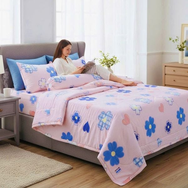  BỘ CHĂN GA GỐI COTTON HOA 4 LÁ HỒNG nệm 5cm 10cm 15cm - NGỌC HẠNH BEDDING 