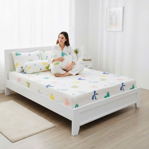 BỘ CHĂN GA GỐI COTTON HỌA TIẾT TRÁI TIM nệm 5cm 10cm 15cm - NGỌC HẠNH BEDDING 