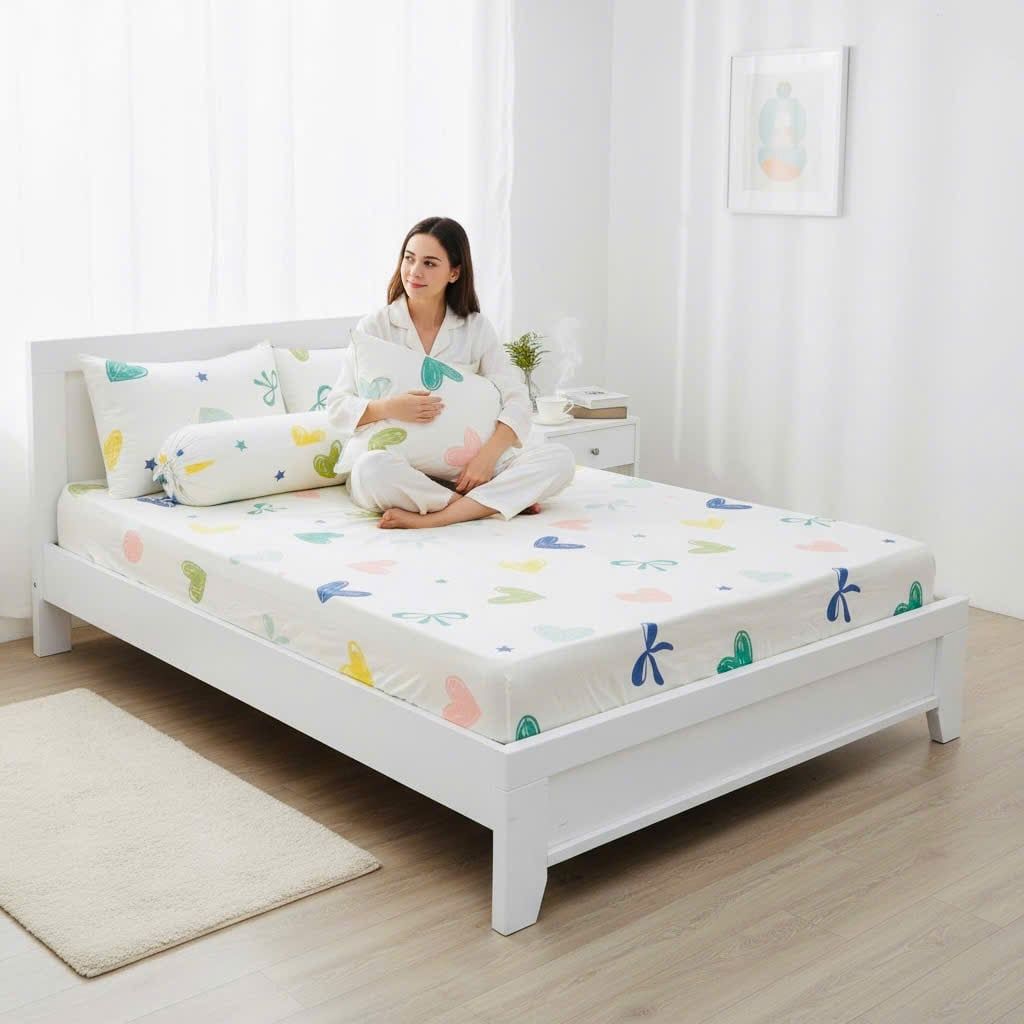  BỘ CHĂN GA GỐI COTTON HỌA TIẾT TRÁI TIM nệm 5cm 10cm 15cm - NGỌC HẠNH BEDDING 