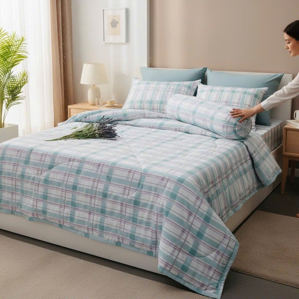  BỘ CHĂN GA GỐI COTTON HỌA TIẾT SỌC KẺ Ô nệm 5cm 10cm 15cm - NGỌC HẠNH BEDDING 