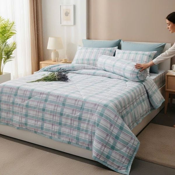  BỘ CHĂN GA GỐI COTTON HỌA TIẾT SỌC KẺ Ô nệm 5cm 10cm 15cm - NGỌC HẠNH BEDDING 