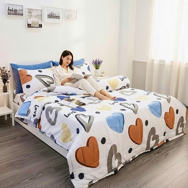  BỘ CHĂN GA COTTON HOẠ TIẾT TRÁI TIM ĐỎ nệm 5cm 10cm 15cm 20cm - NGỌC HẠNH BEDDING 