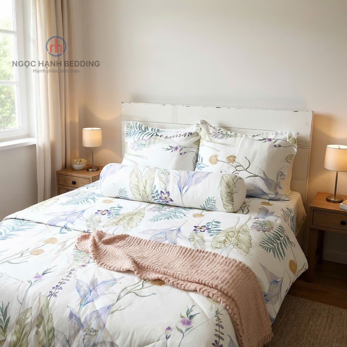  Bộ chăn ga gối LỤA TENCEL 60S mát lạnh, thoáng khí nệm 5 10 15 20cm - NGỌC HẠNH BEDDING 