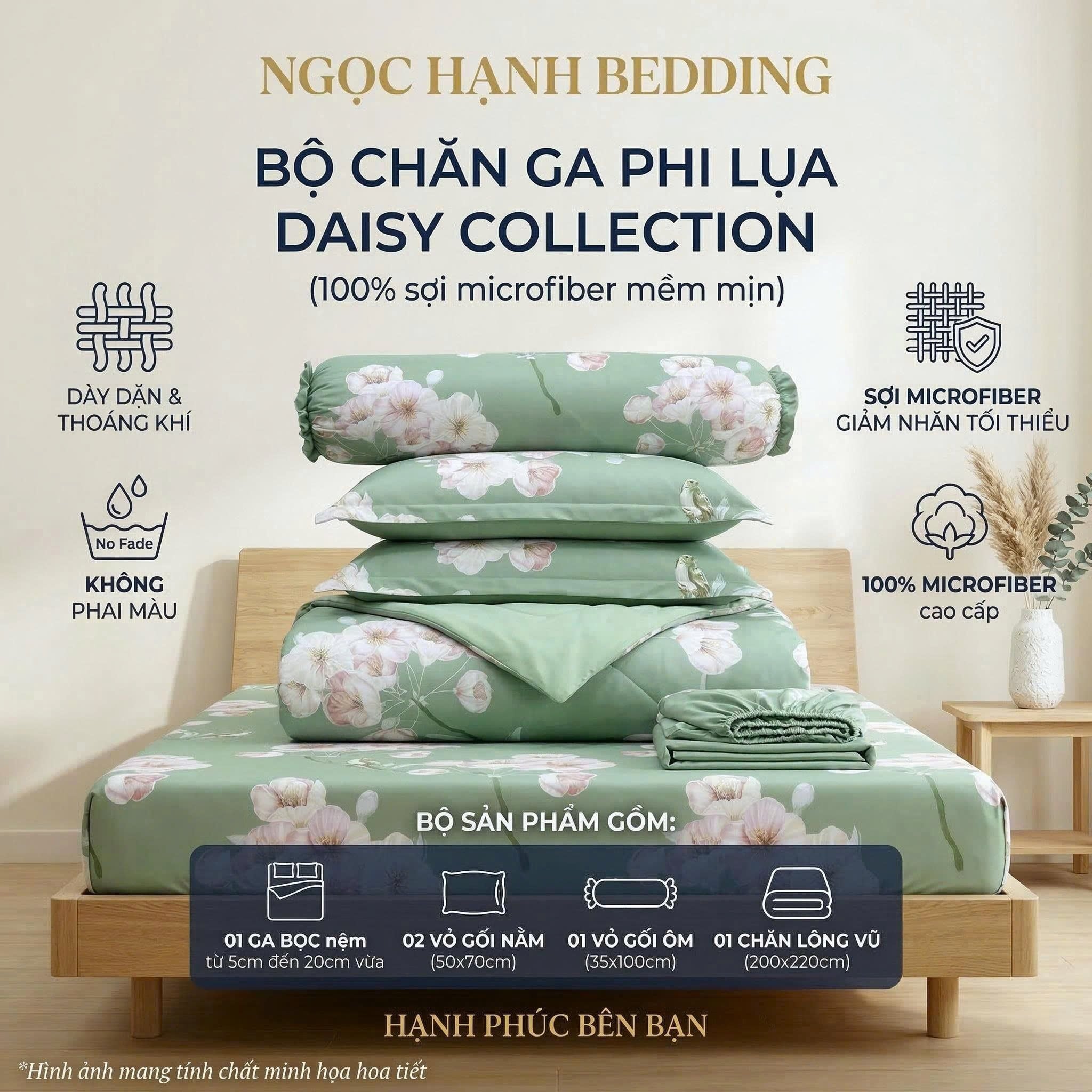  Bộ Ga Gối Phi Lụa Tencel Daisy thoáng mát, mềm mịn họa tiết HOA NỀN XANH LÁ nệm 5cm 10cm 15cm 20cm  -  Ngọc Hạnh Bedding 