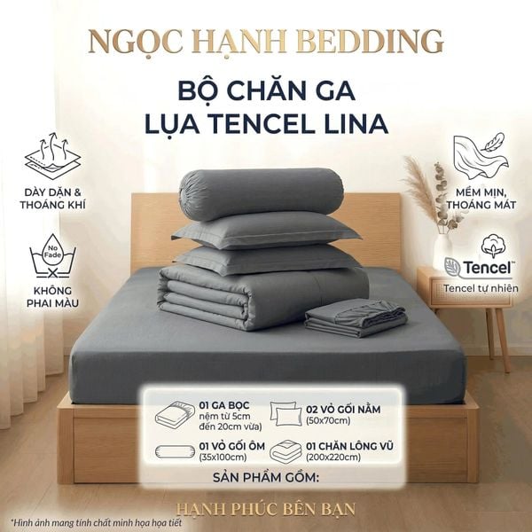  Bộ Chăn Ga Gối Lụa Tencel Lina Cao Cấp màu xám chì nệm 20cm trở xuống - Ngọc Hạnh Bedding 
