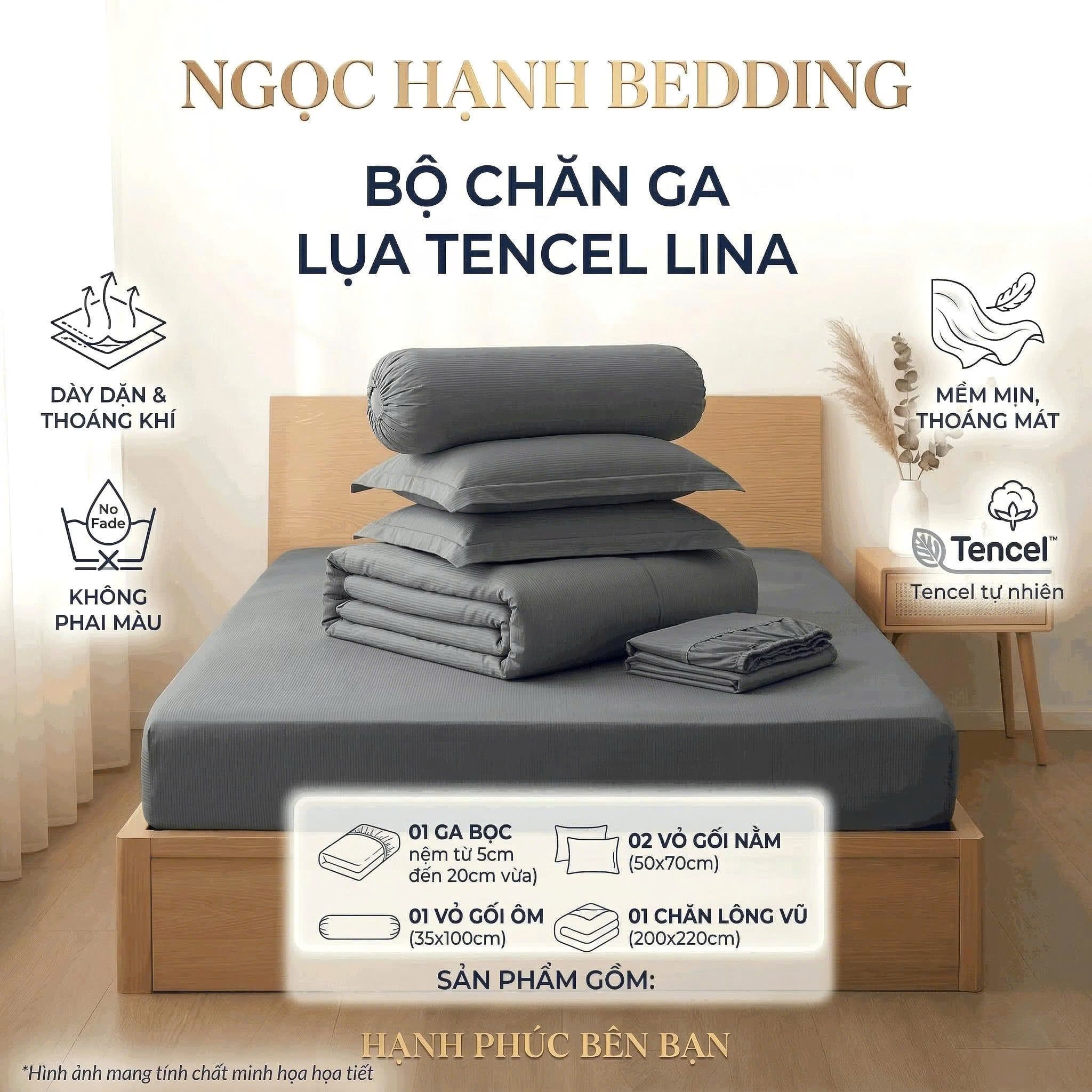  Bộ Chăn Ga Gối Lụa Tencel Lina Cao Cấp màu xám chì nệm 20cm trở xuống - Ngọc Hạnh Bedding 