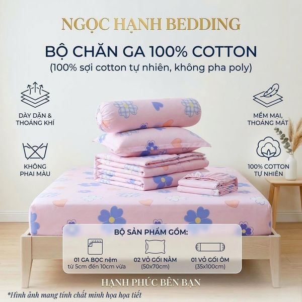  BỘ CHĂN GA GỐI COTTON HOA 4 LÁ HỒNG nệm 5cm 10cm - NGỌC HẠNH BEDDING 