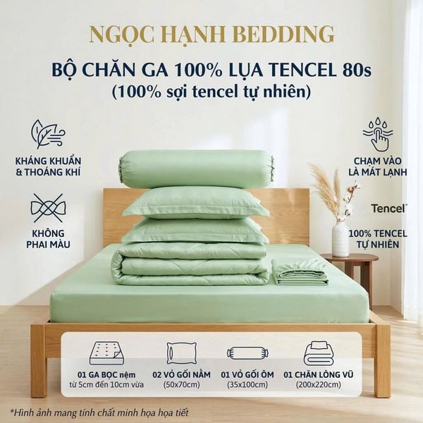  Bộ Chăn Ga Gối LỤA TENCEL 80s mát lạnh, mềm mịn, thấm hút tốt hơn linen, nệm 10cm đến 20cm - Ngọc Hạnh Bedding 