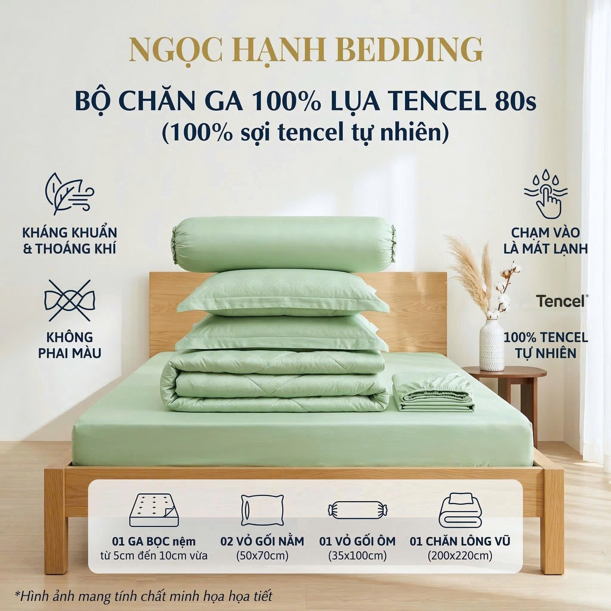  Bộ Chăn Ga Gối LỤA TENCEL 80s mát lạnh, mềm mịn, thấm hút tốt hơn linen, nệm 10cm đến 20cm - Ngọc Hạnh Bedding 