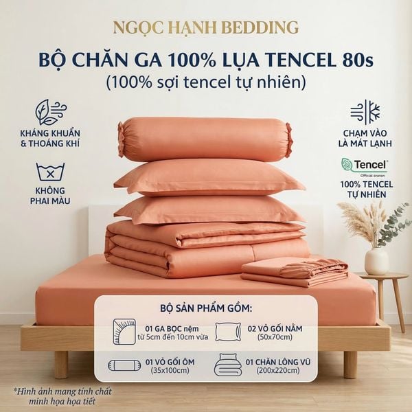  Bộ Chăn Ga Gối LỤA TENCEL 80s mát lạnh, mềm mịn, thấm hút tốt hơn linen, nệm 10cm đến 20cm - Ngọc Hạnh Bedding 