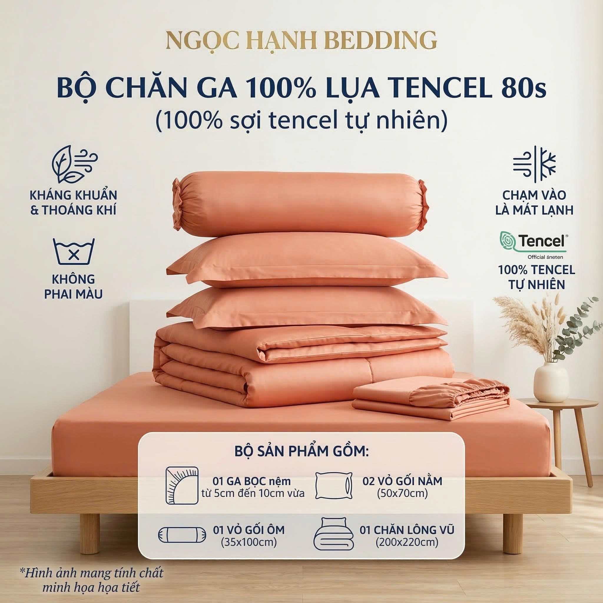 Bộ Chăn Ga Gối LỤA TENCEL 80s mát lạnh, mềm mịn, thấm hút tốt hơn linen, nệm 10cm đến 20cm - Ngọc Hạnh Bedding 