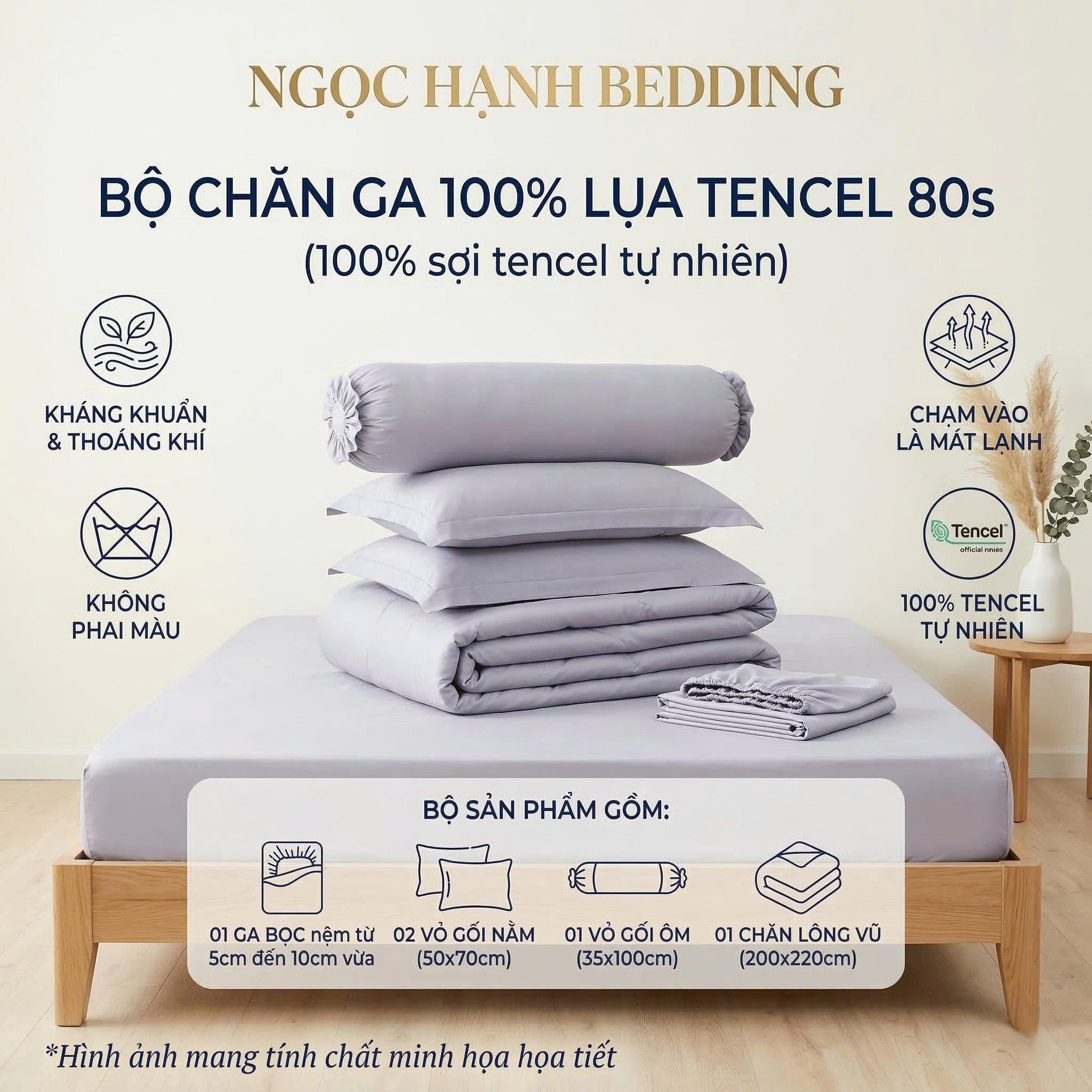  Bộ Chăn Ga Gối LỤA TENCEL 80s mát lạnh, mềm mịn, thấm hút tốt hơn linen, nệm 10cm đến 20cm - Ngọc Hạnh Bedding 