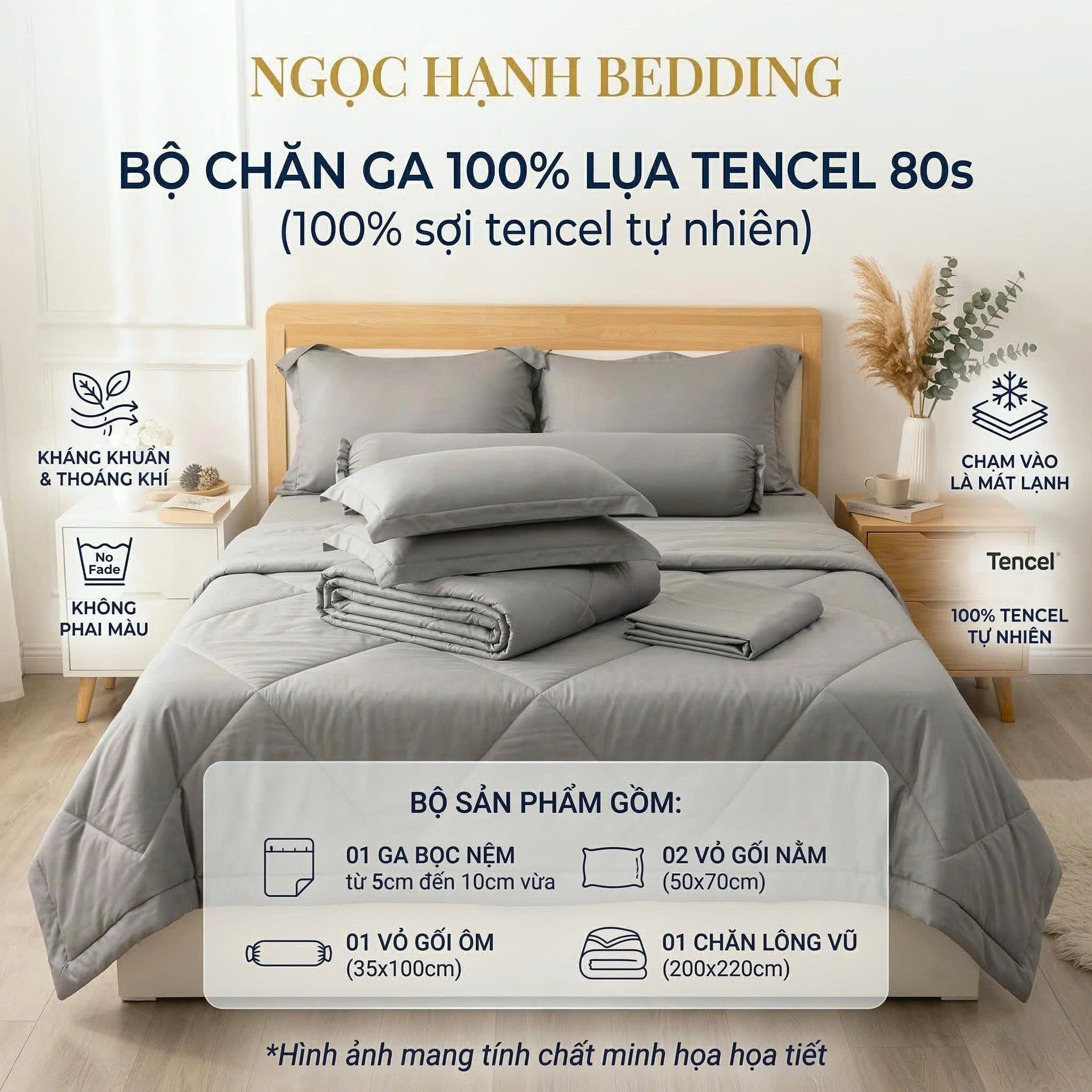  Bộ Chăn Ga Gối LỤA TENCEL 80s mát lạnh, mềm mịn, thấm hút tốt hơn linen, nệm 10cm đến 20cm - Ngọc Hạnh Bedding 
