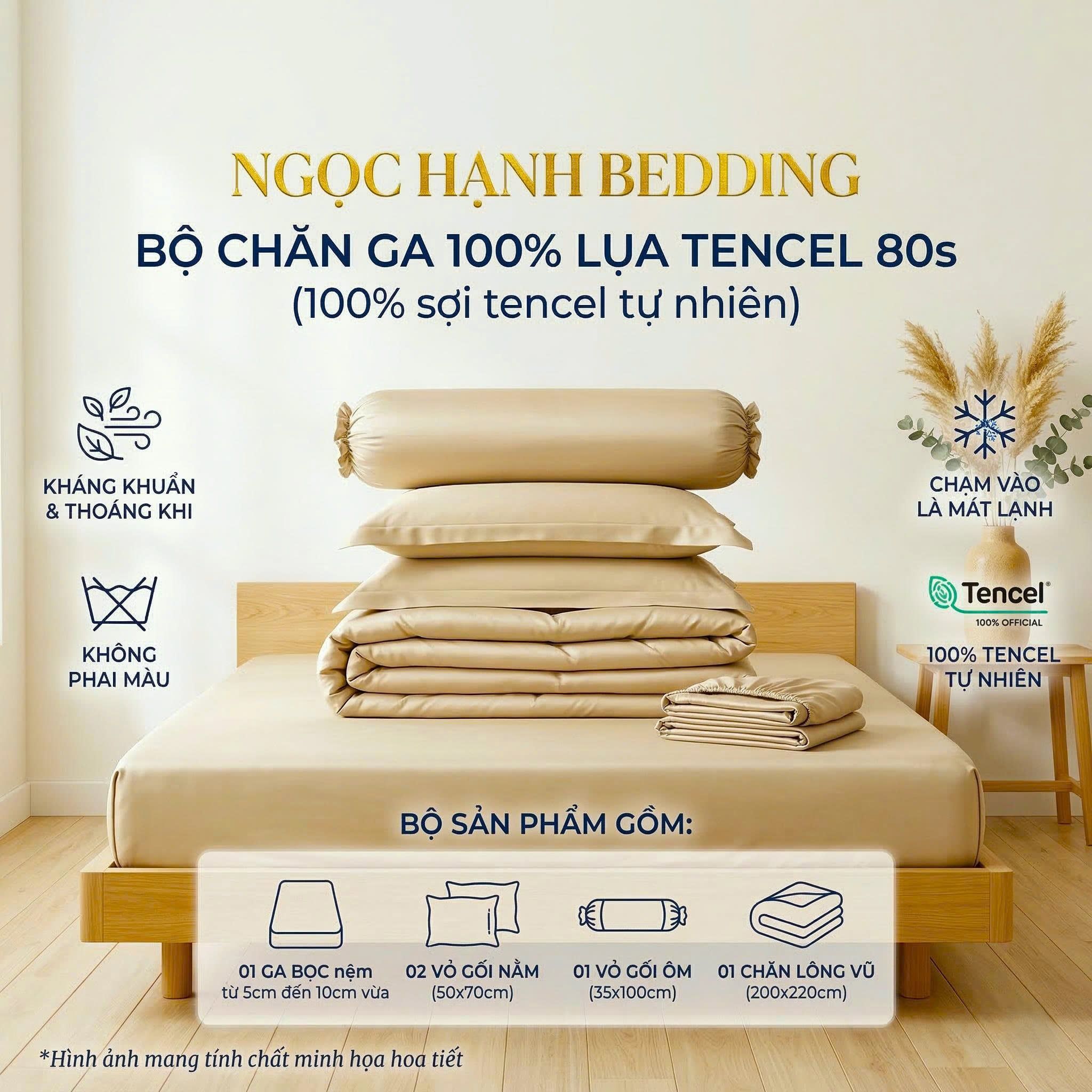  Bộ Chăn Ga Gối LỤA TENCEL 80s mát lạnh, mềm mịn, thấm hút tốt hơn linen, nệm 10cm đến 20cm - Ngọc Hạnh Bedding 