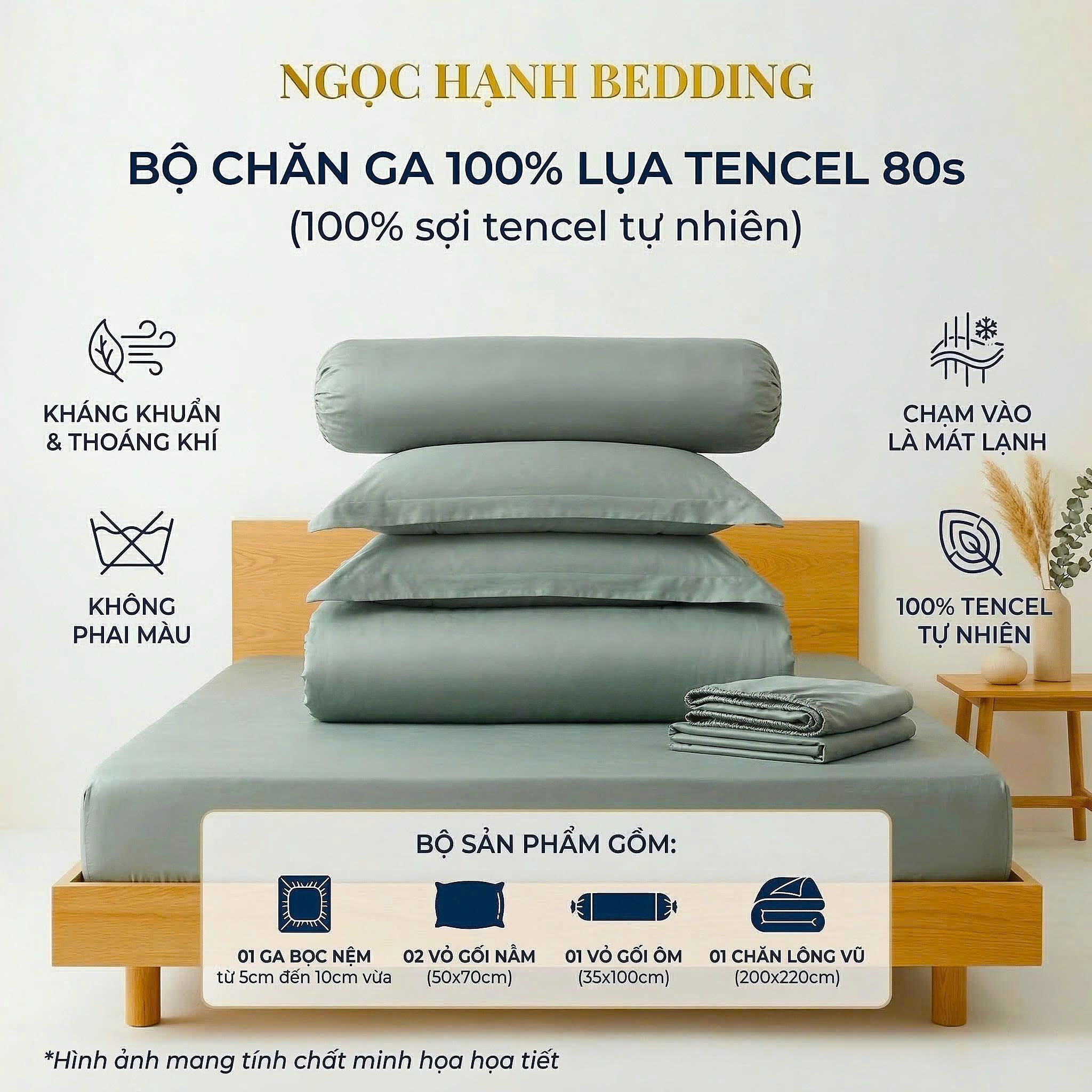  Bộ Chăn Ga Gối LỤA TENCEL 80s mát lạnh, mềm mịn, thấm hút tốt hơn linen, nệm 10cm đến 20cm - Ngọc Hạnh Bedding 