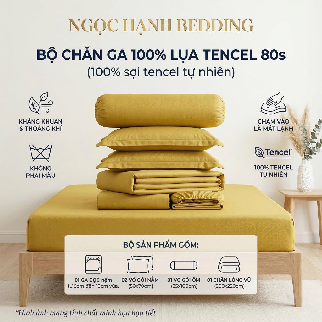  Bộ Chăn Ga Gối LỤA TENCEL 80s mát lạnh, mềm mịn, thấm hút tốt hơn linen, nệm 10cm đến 20cm - Ngọc Hạnh Bedding 