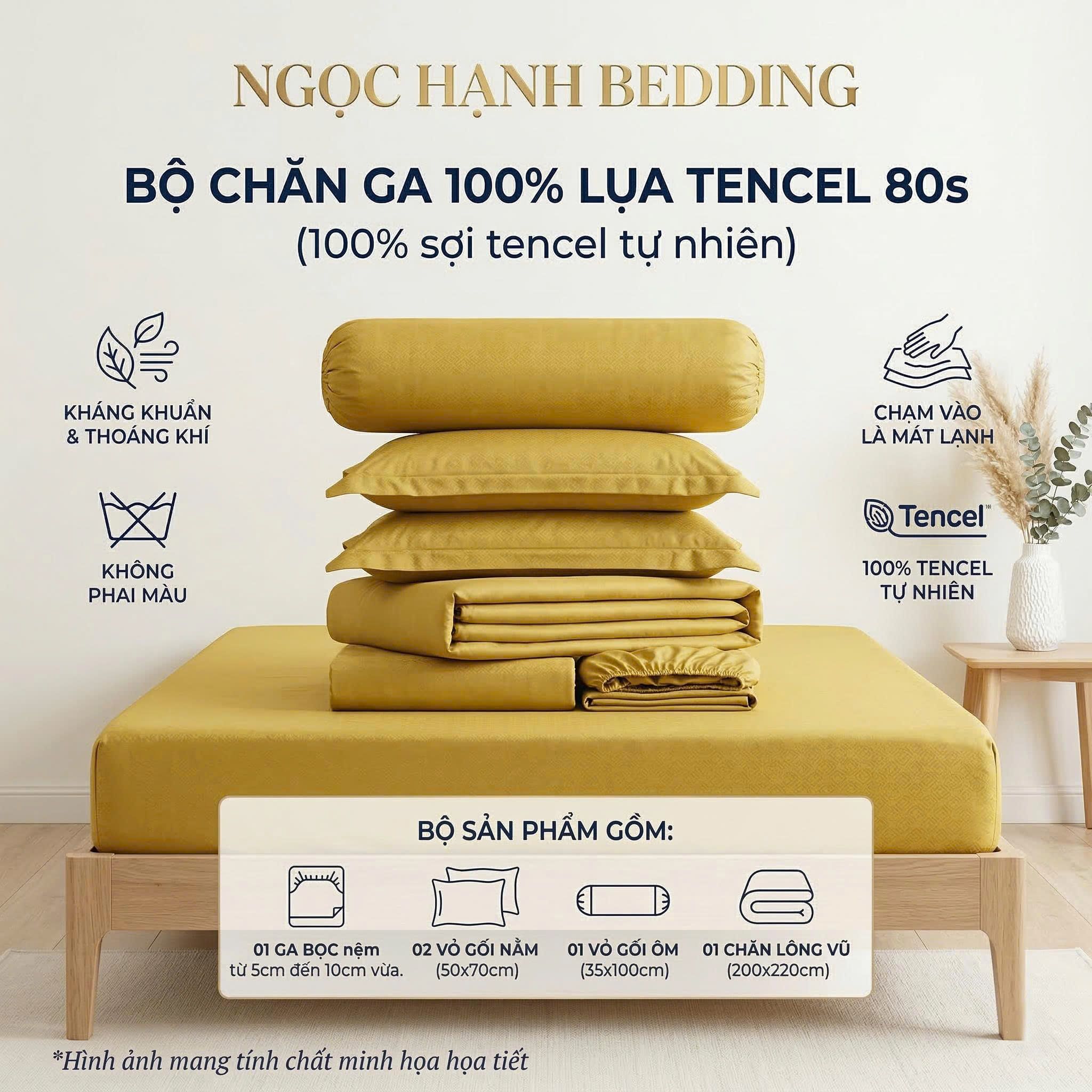  Bộ Chăn Ga Gối LỤA TENCEL 80s mát lạnh, mềm mịn, thấm hút tốt hơn linen, nệm 10cm đến 20cm - Ngọc Hạnh Bedding 