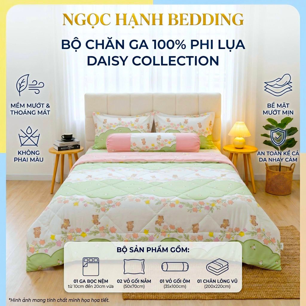  Bộ Ga Gối Phi Lụa Tencel Daisy thoáng mát, mềm mịn nệm 5cm 10cm 15cm 20cm -  Ngọc Hạnh Bedding 