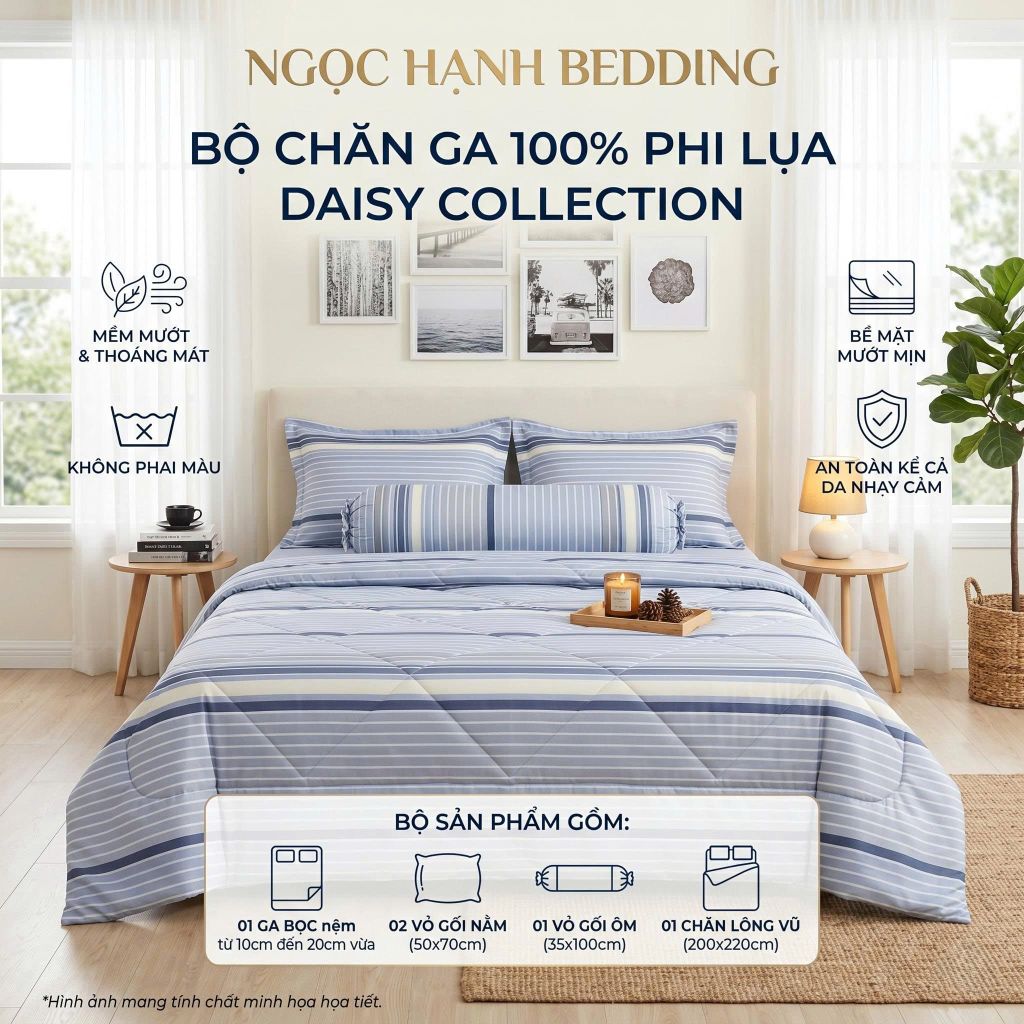  Bộ Ga Gối Phi Lụa Tencel Daisy thoáng mát, mềm mịn nệm 5cm 10cm 15cm 20cm -  Ngọc Hạnh Bedding 