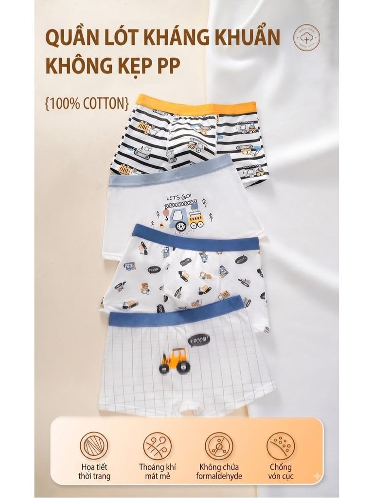 Combo 4 Quần Lót Boxer Bé Trai J-me Cotton Loại A Kháng Khuẩn 5A