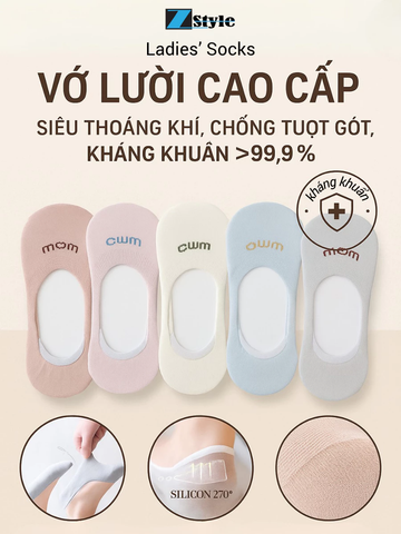 Combo 5 Đôi Vớ Lười Nữ Zstyle Chống Tuột Gót Silicon Kháng Khuẩn >99,9% Cotton Tự Nhiên Thoáng Khí