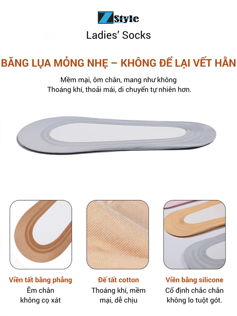 Combo 4 Vớ nữ Zstyle siêu mỏng không viền, giấu gót chống tuột – Vớ mang giày búp bê, giày cao gót ZLS008SH