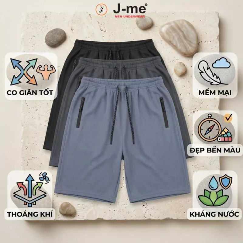 Quần Short Nam Thể Thao J-me Cao Cấp - Chất Poly Spandex Co Giãn 4 Chiều, Thoáng Khí, Kháng Nước Nhẹ JMB076SH