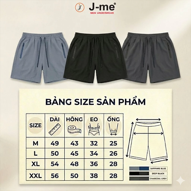 Quần Short Nam Thể Thao J-me Cao Cấp - Chất Poly Spandex Co Giãn 4 Chiều, Thoáng Khí, Kháng Nước Nhẹ JMB076SH