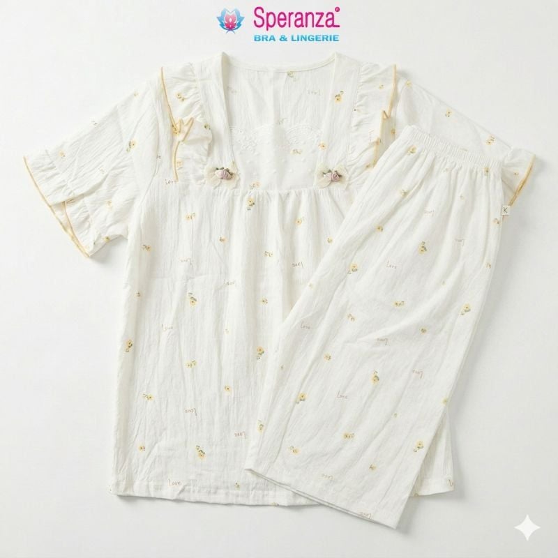 Bộ Đồ Ngủ Nữ Speranza SBD007SH Vải Cotton Nhăn Cổ Vuông Phối Ren Họa Tiết Hoạt Hình