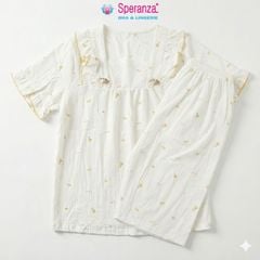 Bộ Đồ Ngủ Nữ Speranza SBD007SH Vải Cotton Nhăn Cổ Vuông Phối Ren Họa Tiết Hoạt Hình