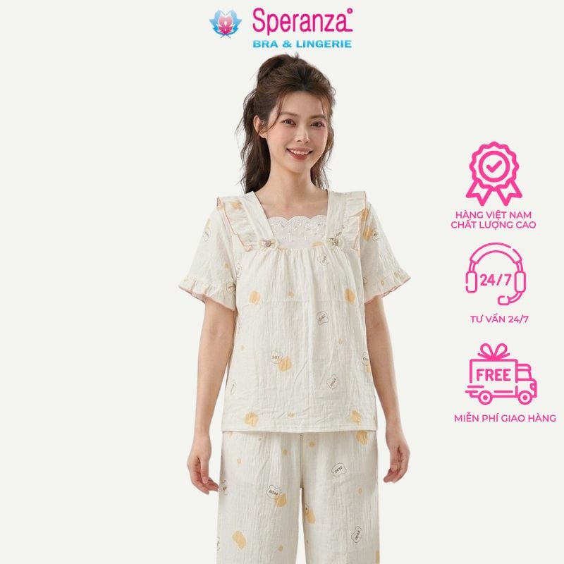 Bộ Đồ Ngủ Nữ Speranza SBD007SH Vải Cotton Nhăn Cổ Vuông Phối Ren Họa Tiết Hoạt Hình