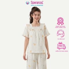 Bộ Đồ Ngủ Nữ Speranza SBD007SH Vải Cotton Nhăn Cổ Vuông Phối Ren Họa Tiết Hoạt Hình