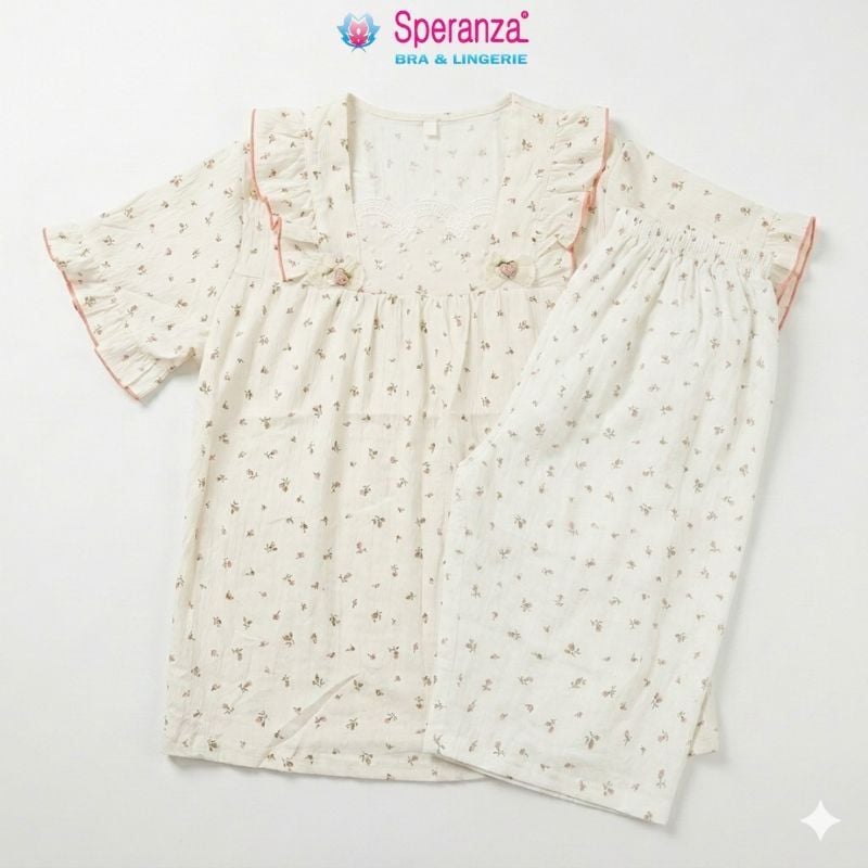 Bộ Đồ Ngủ Nữ Speranza SBD007SH Vải Cotton Nhăn Cổ Vuông Phối Ren Họa Tiết Hoạt Hình