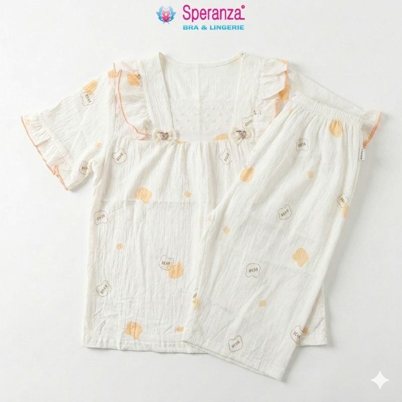 Bộ Đồ Ngủ Nữ Speranza SBD007SH Vải Cotton Nhăn Cổ Vuông Phối Ren Họa Tiết Hoạt Hình