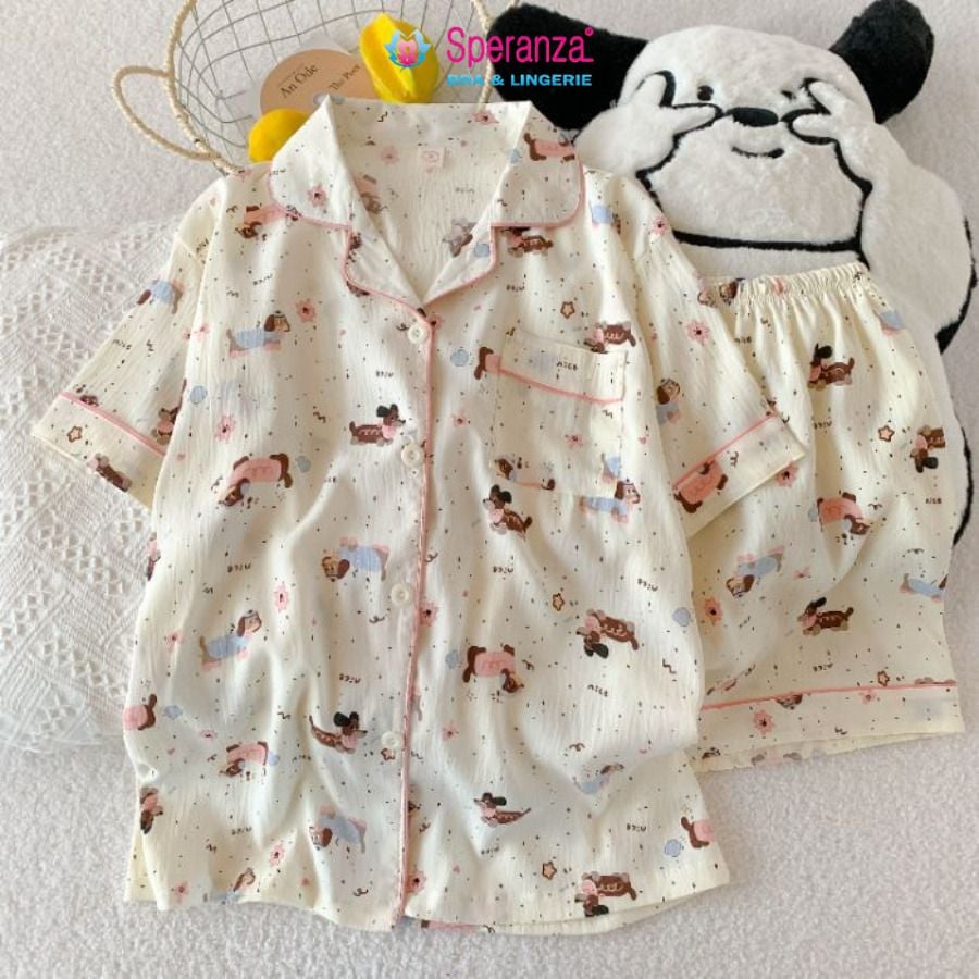 Bộ Đồ Nữ Cotton Nhăn Speranza SBD009SH Cổ Bẻ, Áo Cài Cúc, Form Rộng Mát Mẻ