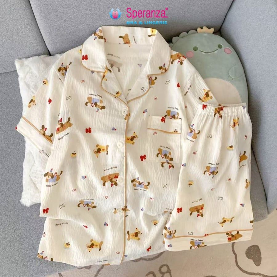 Bộ Đồ Nữ Cotton Nhăn Speranza SBD009SH Cổ Bẻ, Áo Cài Cúc, Form Rộng Mát Mẻ